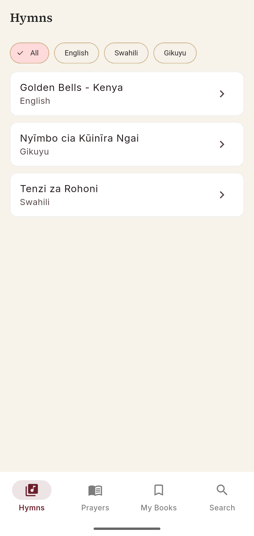 English, Swahili, and Gikuyu hymn books in Anglican Companion