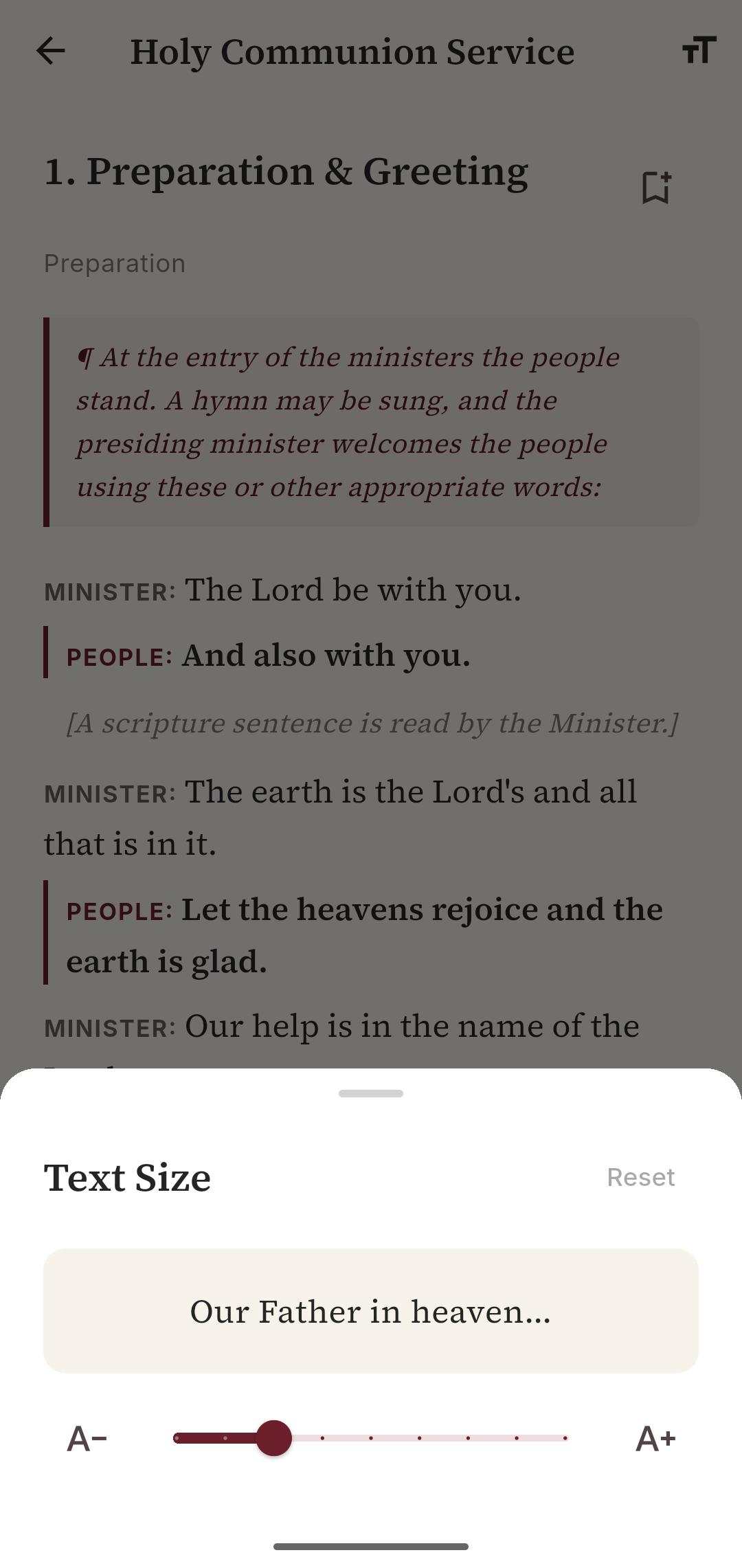 Adjustable text size sheet in Anglican Companion